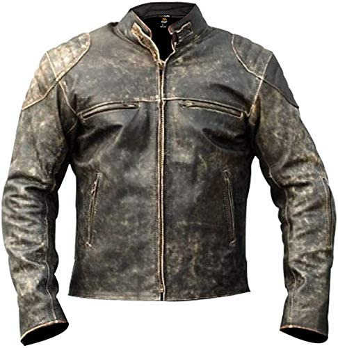 Hafsah Giacca da motociclista vintage retrò da uomo, elegante giacca in vera pelle | Giacca da moto in pelle invecchiata Cafe Racer, Giacca in pelle anticata D2, L