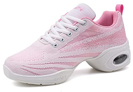 Jazzskor för kvinnor snörning danssneakers dam delad sula luftkudde moderna dansskor plattform, Rosa 2, 37 EU