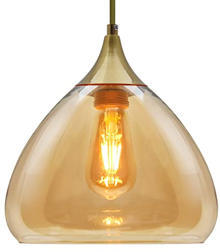 Celing Hnaging Brass Pendant Light Amber Glass Lamp Shade Ceiling Fitting H3025 Vintage