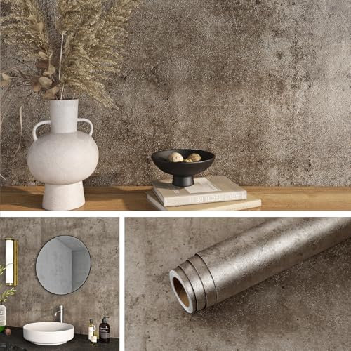 Livelynine Papier Peint Adhesif Mural Effet Beton Marron Papier Adhesif pour Meuble Cuisine Rouleau Adhesif decoratif Mural Chambre Salon Style Industriel Vinyle Adhesif Meuble TV Armoire 40CMx2M