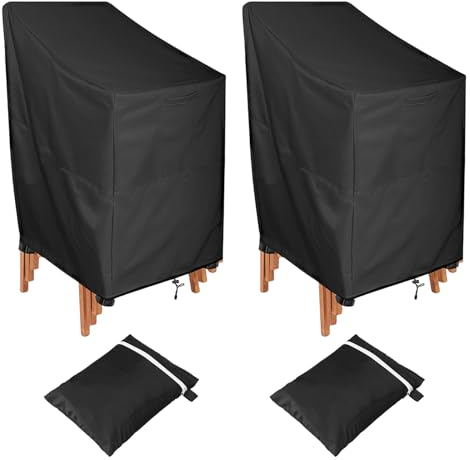 Funda para Sillas Apilables, 2 Piezas Funda Protectora Sillas, Funda Sillas Jardin, Funda Sillas Apiladas Tela Oxford, Anti Viento, Anti UV, Impermeable, para Patio Exteriores, 69 x 68 x 72 cm