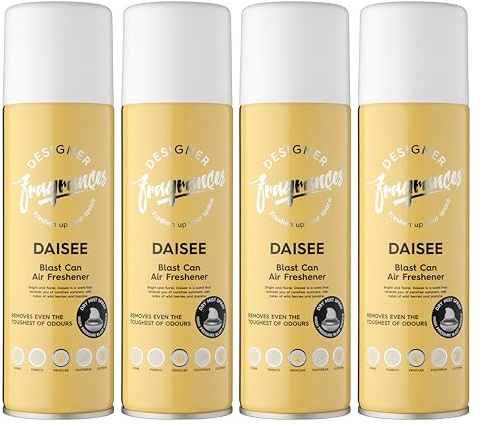Designer Fragrances 4 Pack Daisy Air Freshener Blast Cans - For Home & Vehicles – Natural Oils, Luxury Lasting Smell, Dry Mist Quick Release Spray – Deodorise & Neutralise Odours – 300ml