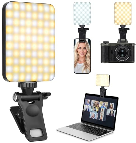 Selfie Licht mit Clip, 80 LED Videolicht Dimmbare, 3000-6500K 3 Lichtmodi und Helligkeit, Eingebauten Rechargeable Akkus CRI 95+, Led Videokonferenz Leuchte für Phone, iPhone, Android, iPad, Laptop