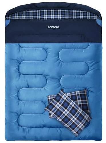 Poepore Doppelschlafsack Flanell für Erwachsene Deckenschlafsack Baumwolle 2 Personen Winter mit 2 Kissen und Tragetasche für Outdoor Camping Wandern 233 * 157CM Blue