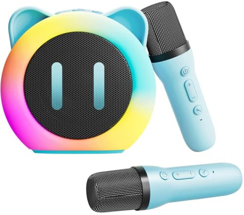 Karaoke Maschine Kinder Karaoke Anlage mit 2 Kabellosen Mikrofonen - Tragbare Mini Karaoke Maschine mit Sprachveränderungseffekten und LED-Licht - Geschenke Spielzeug für Mädchen und Jungen (Blau)