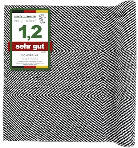 DOMOPRIMA Teppichläufer 70x140 cm – Moderne Designs – 98% Baumwolle (BCI), 2% Polyester – Waschbar – Fußbodenheizung – OEKOTEX – Wohnzimmer, Flur, Küche & Schlafzimmer (schwarz-Creme)