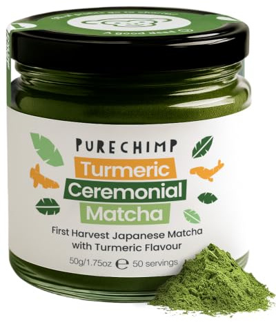 PureChimp Ceremonial Grade Matcha Powder Turmeric 50g, Green Tea for Lattes | 100% pure green tea with turmeric, cinnamon and ginger, shade-grown, for matcha golden lattes, recipes, recyclable glass jar