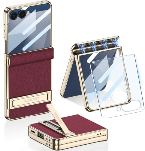 Samsung Galaxy Z Flip 7 läderfodral med synligt stativ, skärmskydd och magnetiskt gångjärnsskydd, lyxigt PU-läder stötsäkert fodral för Galaxy Z flip 7 (röd)