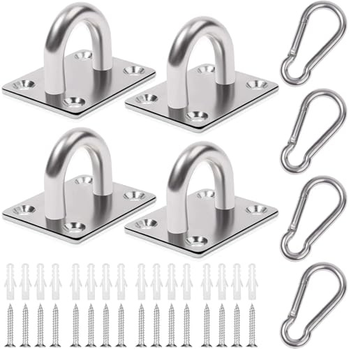 Crozgan 4 placas de ojo oblongas de acero inoxidable M6 y 4 clips de mosquetón, kit de suspensión de gancho y bucle de techo, gancho de grapas de hardware marino con tornillos y tapones de plástico