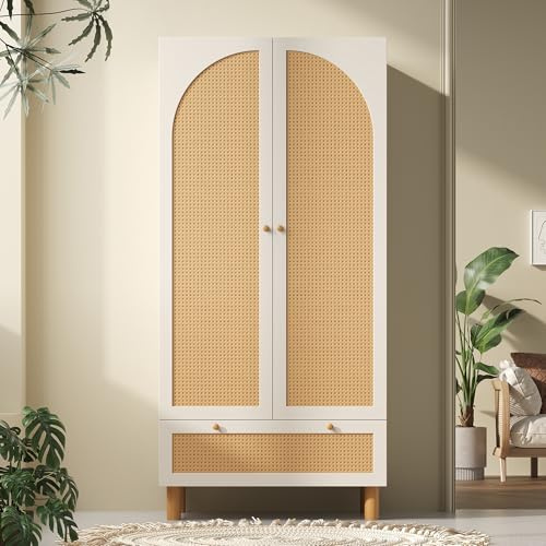 Soweiz Armario con 2 puertas y ratán, con cajón grande, estantes ajustables en altura y barra para colgar ropa, protección antivuelco, 180 x 85 x 52 cm (alto x ancho x profundidad)