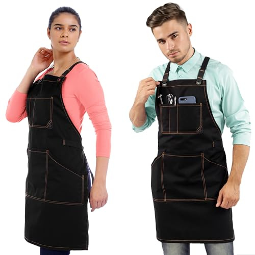 Under NY Sky Essential Deep Black Apron – Cross-Back with Durable Twill and Leather Reinforcement – Adjustable for Men and Women – Pro Chef, Tattoo Artist, Baker, Barista, Bartender, Server Aprons