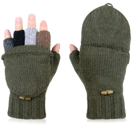 AOKAY Winter Handschuhe Fingerlose Fäustlinge Damen Fingerhandschuhe Fingerlos Handschuhe Strick Handschuhe mit Flip Top (Armeegrün