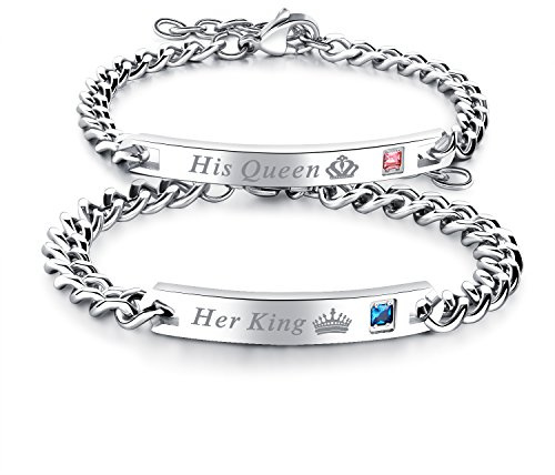 Pulseras para parejas Cupimatch, 2 unidades, para regalar en San Valentín, en color plateado, de acero inoxidable, esclavas con grabado en inglés His Queen y Her King para enamorados, unisex
