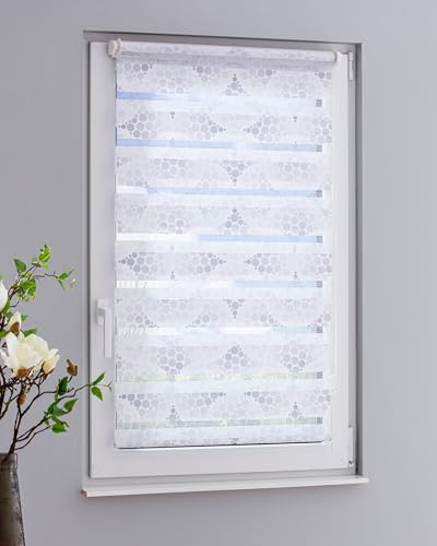 DECOLIA by Garesa Duo Rollo - Doppelrollo Klemmfix ohne Bohren 95 x 150 cm - Weißer Stoff mit grauen Kreisen, Fenster Sichtschutz und Lichtschutz, Mit Kettenzug