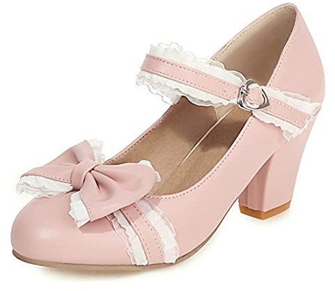 SJJH Women's Retro Mary Jane Shoes Chunky Heel 7cm Round Toe Lolita Style Platform Pumps with Bow & Lace Trim Pink