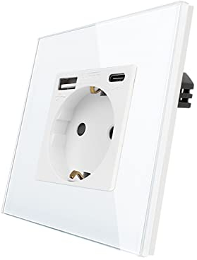 CNBINGO Glas Steckdose mit USB Ports (Typ-C und Typ-A unterstützung 20W Schnellladen) - Einfach Steckdose Unterputz in Weiß - Schuko Schutzkontakt Wandsteckdose mit Glasrahmen