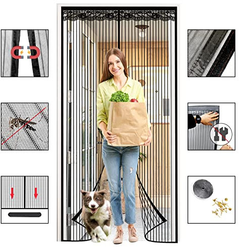 WTHYGB Fly Screen Door, Magnetic Insect Protection Door, 100 x 205 cm, Polyester Balcony Door, Fly Curtain for Living Room, Sliding Door, Patio Door, Easy Adhesive Installation, No Drilling (Black)