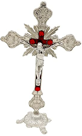Colcolo Cruz de Mesa de crucifijo de Jesús de Metal, Cruz de Mesa católica con Soporte para la decoración del hogar de oraciones de Cristo, 10 H, Plata