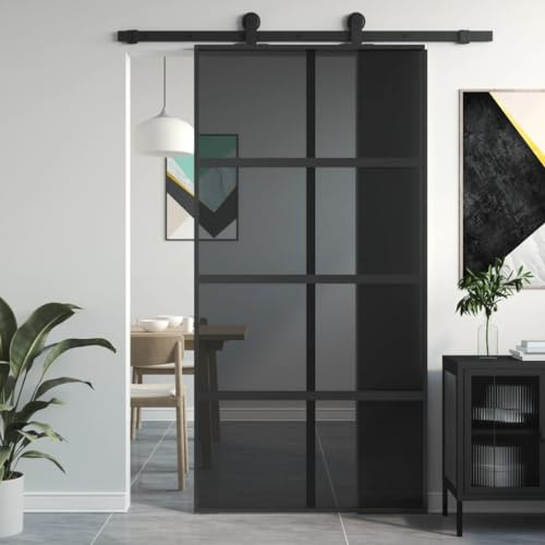 NITCA Porta Scorrevole Interna in Vetro Temperato e Alluminio, Porta Scorrevole per Bagno Cucina Studio, Sicura e Silenziosa, Nera 102,5x205 cm Tipo 4