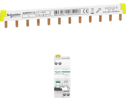 Bundle aus Schneider Electric A9XPH112 Phasenschiene Steg, ablängbar, 1P, 12 TE, 100A + Schneider Electric A9D32616 FI/LS-Schalter iDPN N Vigi 1P+N, 16A, C-Char, 30mA, Typ A, 6kA, Multicolor 16 Ampere