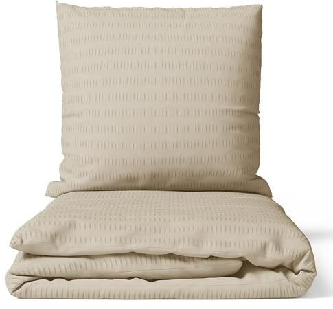 Cotton Castle Seersucker Bettwäsche Wendeoptik Bettwäsche Bettgarnitur Bettbezug Microfaser, Größe:135 x 200 cm, Farbe :Beige