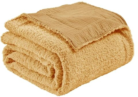 EMME Manta Tejida de Forro Polar Esponjoso y Muselina de algodón, Suave y Ligera para sofá, Cama, Colcha acogedora, 203 x 228 cm, Color Beige