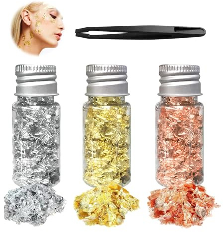 Foglia Oro e Argento Decorazione, Foglia D'oro, 3 Bottiglie 20g con Pinzette, Fiocchi di Foglie Dorate, 3 Colori (Argento, Oro, Oro Rosa) per Nail Art, Trucco, Pittura Artistica