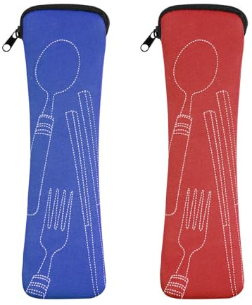 Vicloon 2 Piezas Bolsa de Cubiertos Portátil, Bolsa Cubiertos con Cremallera, Bolsa para Guardar Cubiertos Camping Picnic, Bolsa Cubiertos Vacía para Trabajo, Escuela, Picnic, Viajes (Rojo/Azul)
