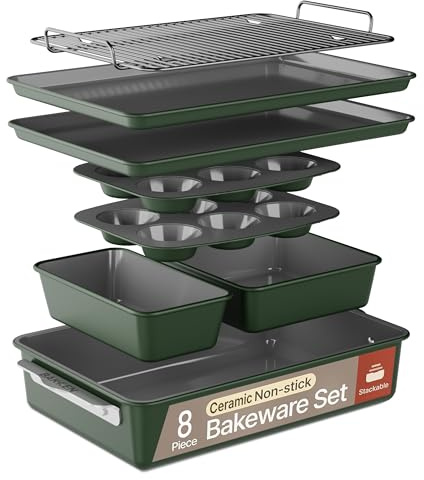 Bakken 8-Piece Ceramic Coated Bakeware Sets, Nonstick Aluminized Steel Pans with Muffin, Loaf, Cake, Roasting Pan, & Cooling Rack, Oven Safe Up To 500°F, Dishwasher Safe, BPA, PTFE & PFAS Free, Green