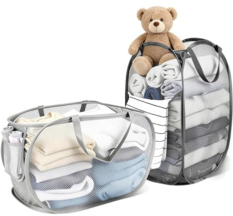 2 Pcs Large Pop-Up Laundry Baskets 70L + 75L Collapsible Mesh Hampers with Double Layer & Single Compartment Reinforced Handles Portable Laundry Organizer for Home Dorm Camping Travel (Gray)