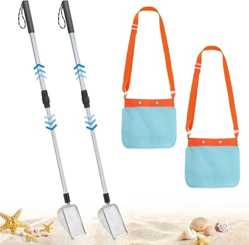 KAHEIGN 2 Pezzi Setaccio per Sabbia con Sacchetti per Conchiglie, 55CM - 106CM Regolabile Setaccio a Denti di Squalo Paletta a Rete con Manico Retrattile per Raccogliere Conchiglie Ricerca di Rocce