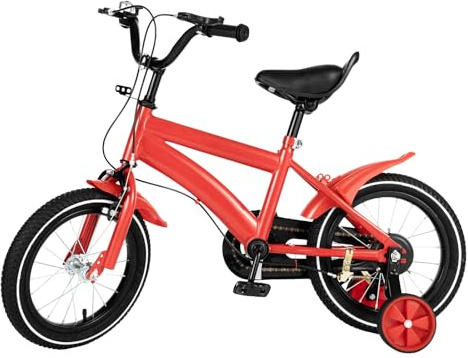 TESUGN Bicicleta para niños, bicicleta infantil de 14 pulgadas con ruedas estabilizadoras, bicicleta deportiva para exteriores, bicicleta roja para niñas y niños de 3 a 8 años y más