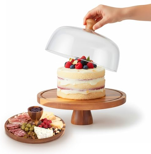 Eirolace Soporte para tartas de madera de acacia con tapa, tabla de servir 2 en 1 y presentación de postres, placa de madera para tartas con tapa y pie, plato para tartas, campana para tartas