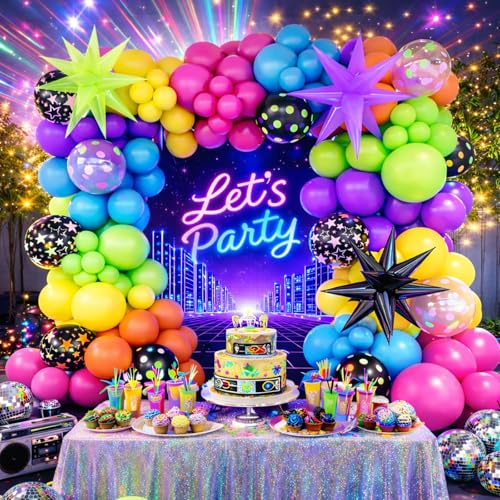 Kit di 147 palloncini al neon, per feste fluorescenti, arcobaleno con palloncino a stella, arco fai da te per feste a luce nera, feste in discoteca anni '80 e '90, compleanni, festival e sfondo