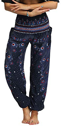 Nuofengkudu hippie haremsbyxor med fickor för kvinnor, yogabyxor, Marinblå, En Storlek