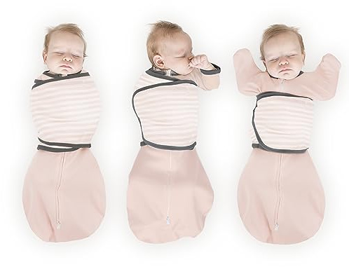Omni Swaddle Sack by Amazing Baby - Transitional Swaddle with Arms Up Sleeves & Mitten Cuffs, Pink Stripes, Size Small, 0-3 Months