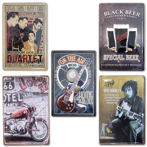 BOEMY Chapas Vintage de Ambiente nocturno y Música | Rock & Guitarra |. Set de 5 Carteles/Placas metálicas decorativas Retro de Musica para pared de Salón, Bar, Estudio | Tamaño 20x30.