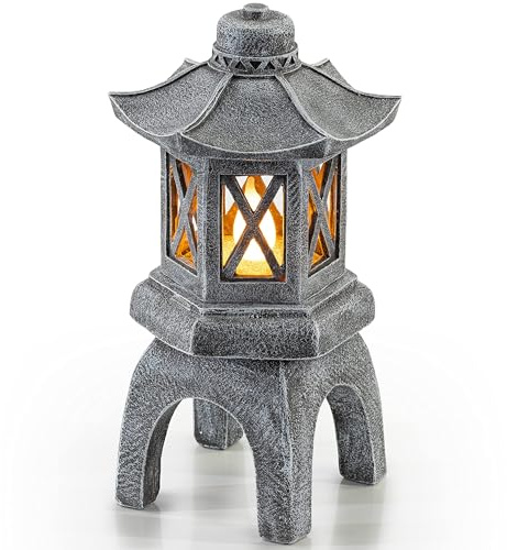 VP Home Solar-Powered Pagoda Garden Statues - Japanese Zen Lantern Outdoor Decor with Flickering LED Light - Durable Polyresin for Yard, Patio, or Garden - 12 x 7 x 6 Inches (Zen Garden Pagoda)