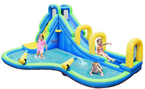 DREAMADE Château Gonflable pour 4 Enfants 3-12 Ans, Aire de Jeux Gonflable avec Toboggan Aquatique, Mur d’Escalade & Piscine, Accessoires Riches, (sans Gonfleur)