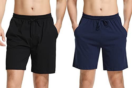 Irdcomps Pantaloncini Uomo 2 Pezzi Estivi Pantaloncini Tuta Uomo Cotone Shorts Pantaloni Corti Sportivi Bermuda con Coulisse e Tasche Traspirante Nero+Blu L