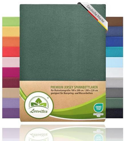Premium Spannbettlaken für Wasserbetten & Boxspringbett | Spannbetttuch Jersey | 180x200 cm bis 200x220 cm | 40cm Steghöhe | 97% Mako-Jersey-Baumwolle | 3% Elastan | Dunkelgrün | 195 g/m²