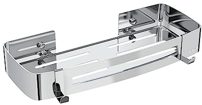 Strength Enemy Mensola per doccia senza foratura, rettangolare, in acciaio inox, con 2 ganci, organizer per bagno, cucina, accessori da bagno, accessori da bagno, confezione da 1, colore argento
