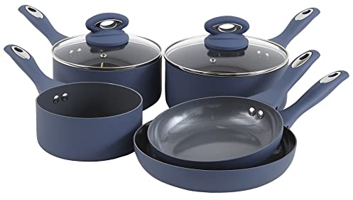 7 Piece Navy Kitchen Cookware Set – Dishwasher Safe Aluminium Coloured Pots & Pans Set with Ceramic Non-Stick Coating & Stay Cool Handles - Suitable for Gas, Electric, Ceramic & Induction Hobs