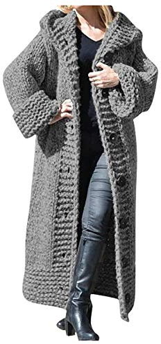 Cardigan pour femme en grosse maille - Manteau en polaire tricoté pour femme avec capuche, long manteau en tricot à boutons - Pull en tricot à manches longues - Chaud - Open Front - Uni - Veste de