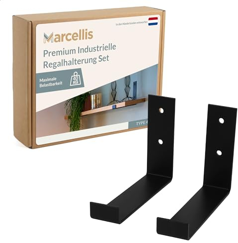 Marcellis Premium Regalhalterung für 15 cm breite Bretter, Matt Schwarz, 2x Industrielle Regalhalterungen (40 kg Tragkraft) - Hochwertige Verarbeitung und Montagematerial - 12x4x15,2 cm (HxWxD)