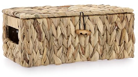 OGANAZI Natural Water Hyacinth Wicker Boxes, Woven Wicker Storage Baskets with Lids, Shelf Baskets Storage for Bathroom Bedroom Kitchen Office, 26 * 16 * 11.5cm (Small)