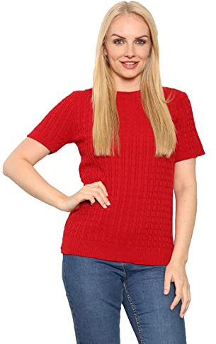 WearAll Women's Short Sleeve Chunky Cable Knitted Jumper - Ladies Oversized Crew Neck Loose Sweater Top Red Plus Size 16-18