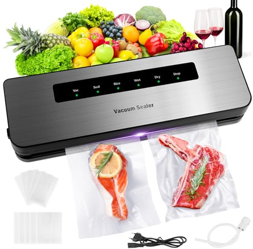 RISVOWO Vakuumiergerät 6 in 1, Vakuumierer Lebensmittel 8 x Länger Frisch mit 10 Vakuumierbeutel, 30cm Stabile Schweißnaht, Vakuumierer Automatisch für Trockene und Feuchte Lebensmittel Vakuumierer