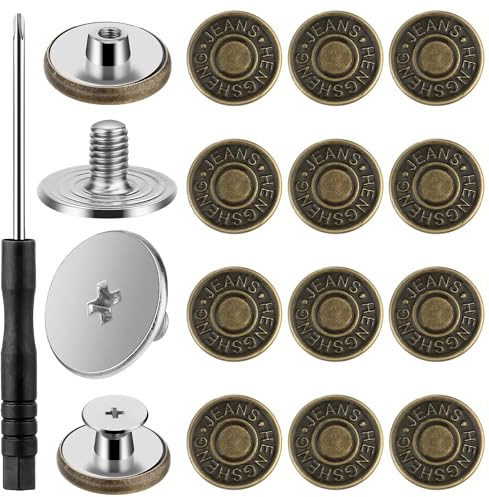 Qianyu 12 Stück Hosen Ersatz Knöpfe Button Pins 17mm Ohne Nähen Verstellbare Messing Jeansknöpfe Stecken mit Schraubendreher DIY Metall Hosenknopf für Reparatur von Jeans