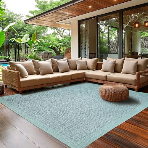 SIMPEX Outdoor Teppich Wetterfest Terrasse Balkon Garten Küchenteppich Einfarbiges Design Flachgewebe Sisal Look Waschbarer Teppich, Größe: 280 x 370 cm, Farbe: Blau